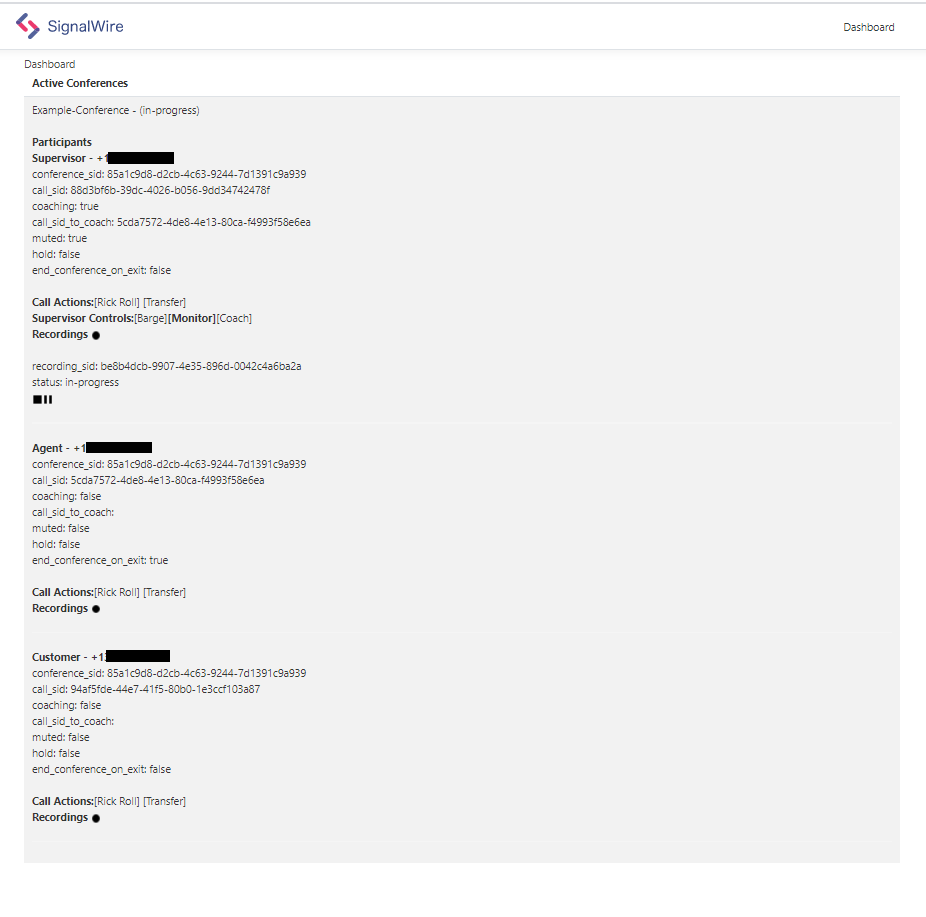 A screenshot of an application with a Dashboard showing active conferences, with detailed attributes for each participant.