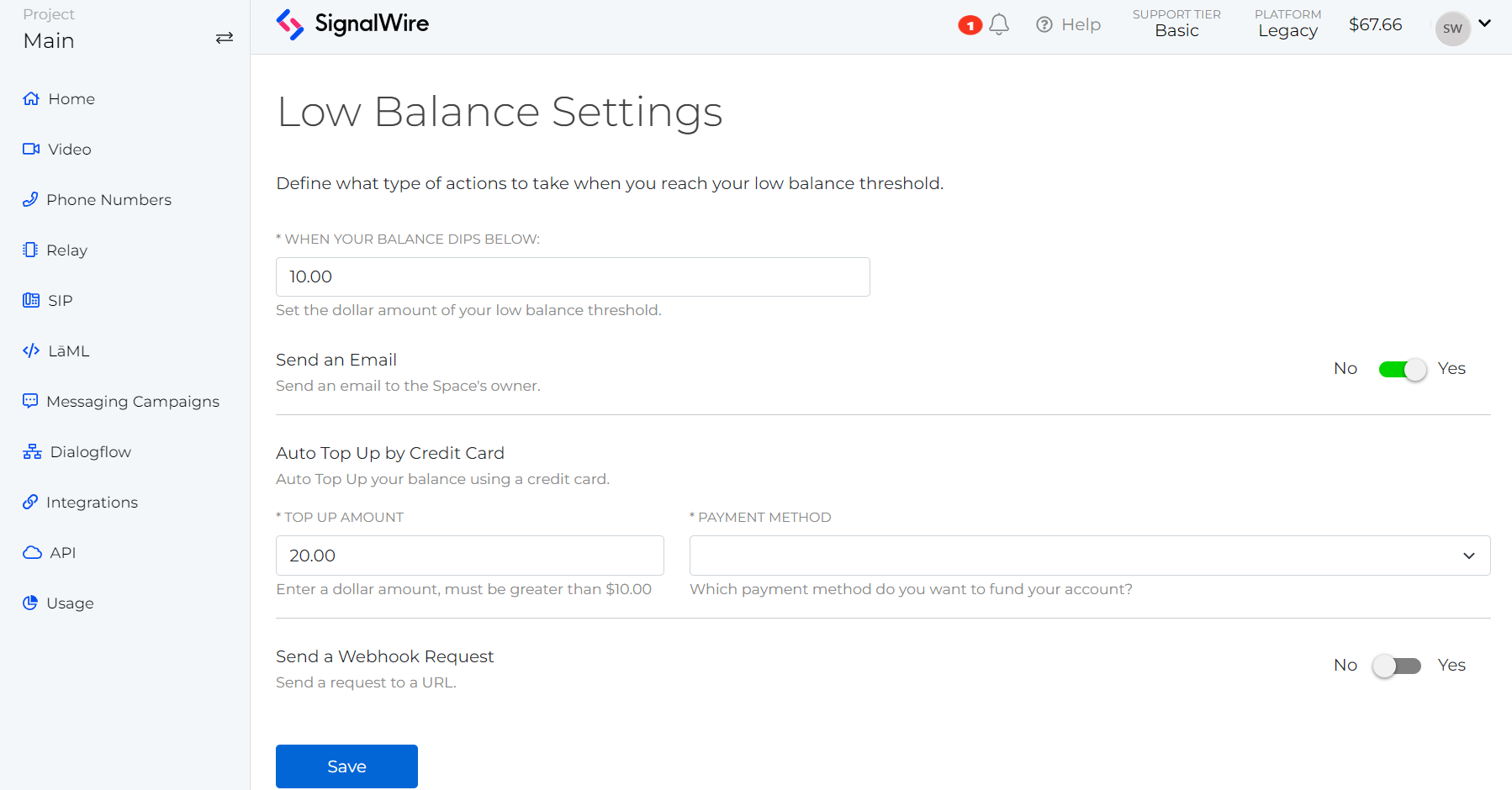 A screenshot of the Low Balance Settings page. Settings for a low balance threshold, email notification toggle, auto-top-up amount and source, and webhook request are shown.