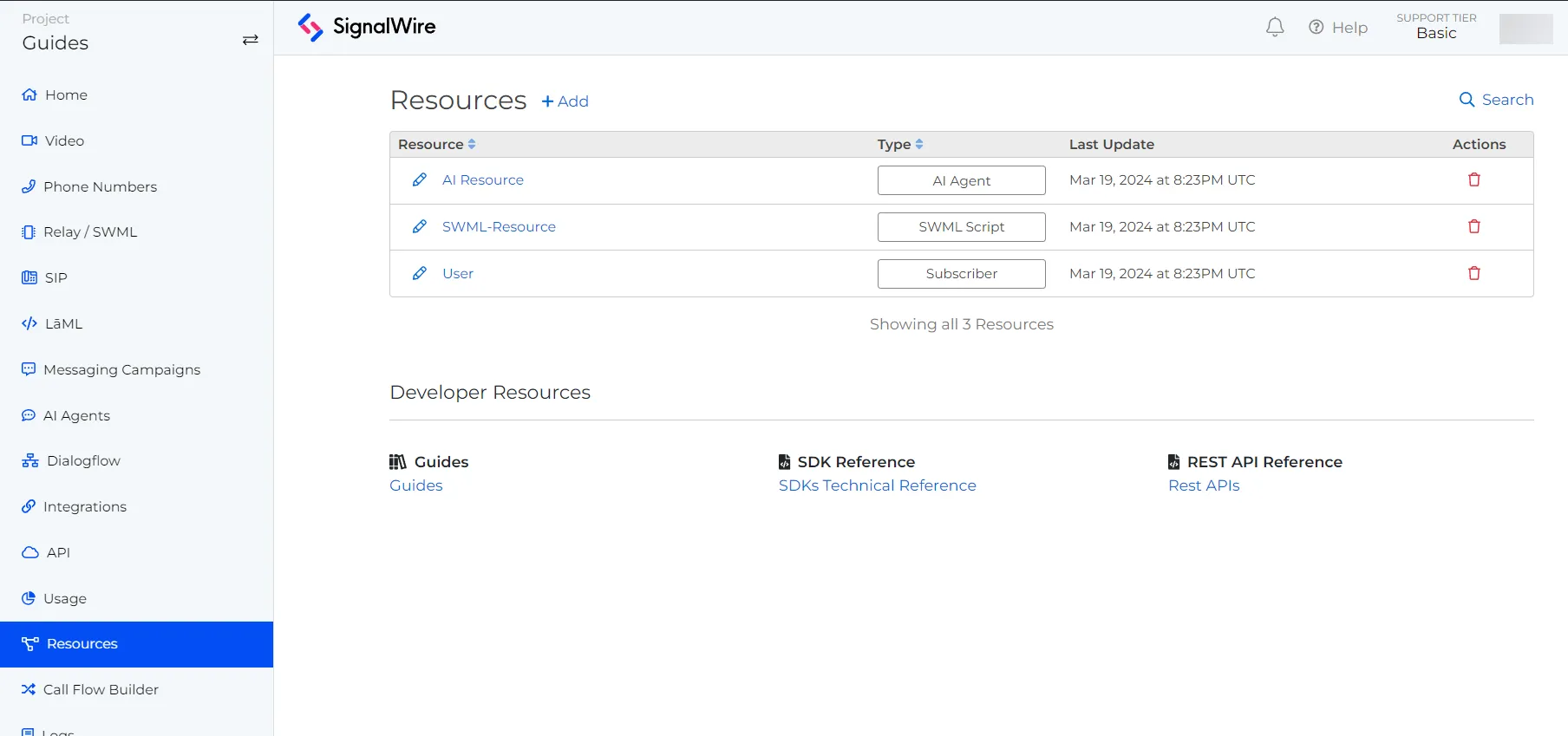 Picture showing the Resources Page on the SignalWire Dashboard. Two resources are created and shown in the list: 'Subscriber' and a `SWML Script'.