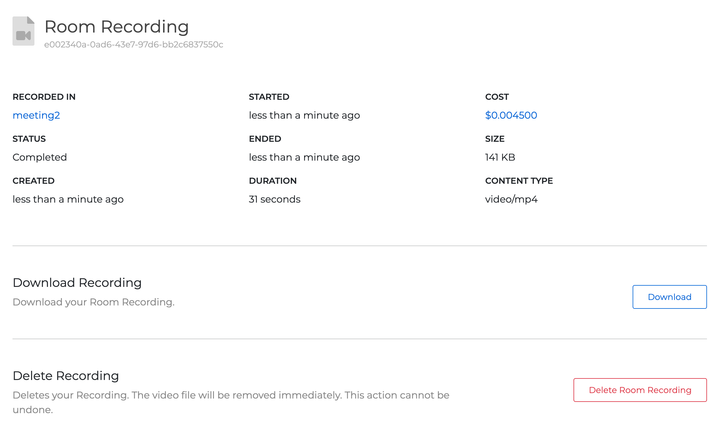 A screenshot of the Recordings tab of the Video page in the SignalWire Dashboard. A Room Recording is shown, with metadata and options to download or delete the recording.
